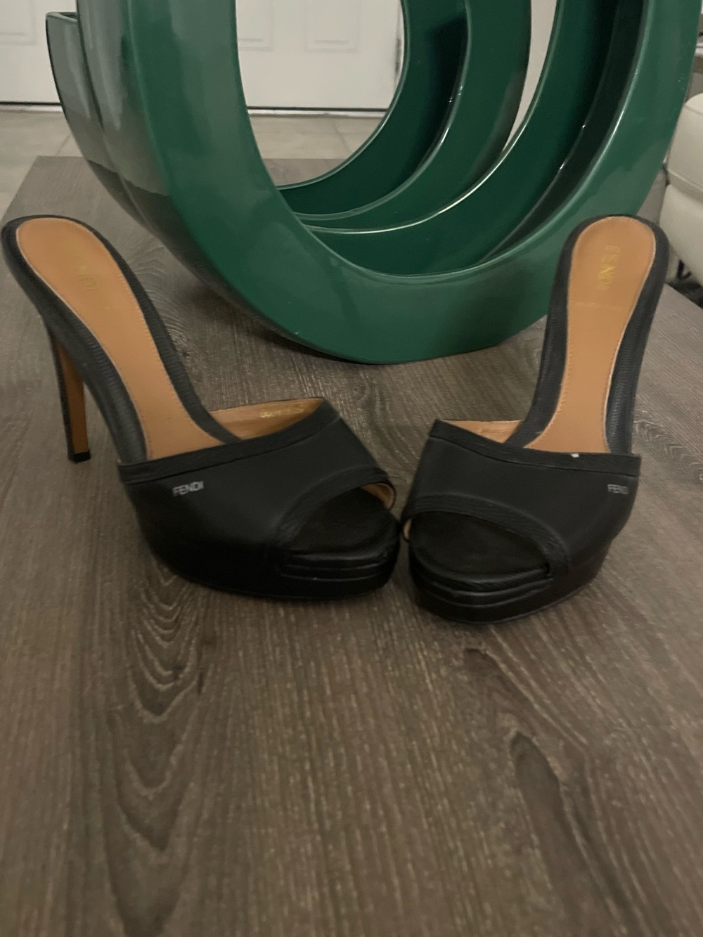 Fendi Black Open-Toe Leather Mule Heels